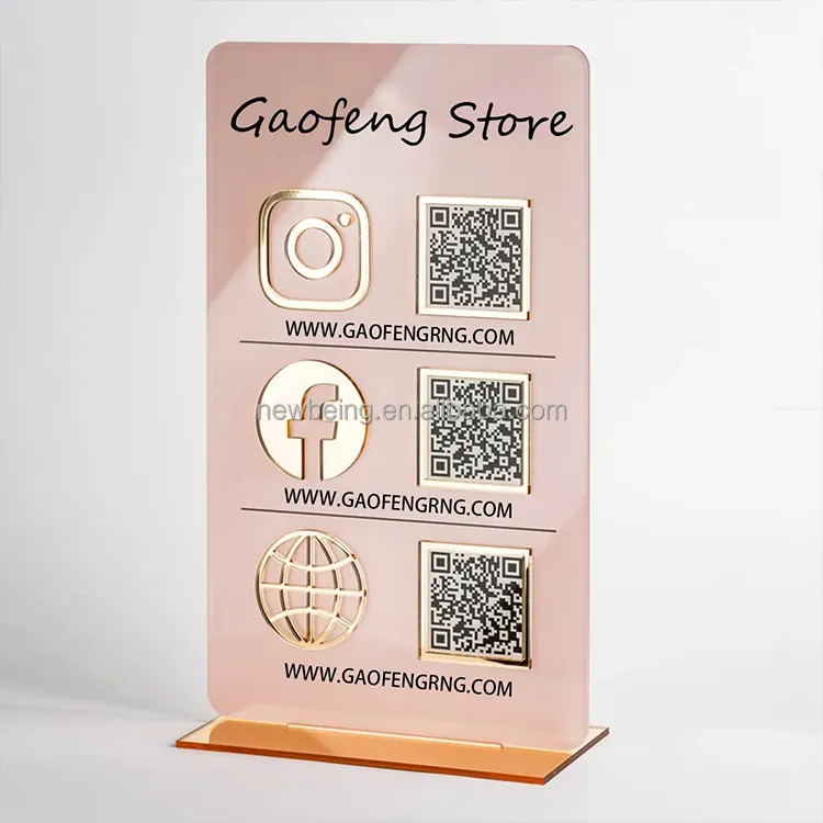 Table Top Logo Sign Mirror Acrylic Social Media Business Sign Laser Cute Qr Code Sign Stand Plaque
