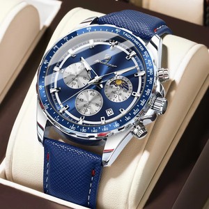 POEDAGAR 879 Montre Homme Bracelet en <span class=keywords><strong>Cuir</strong></span> Quartz Chronographe Affichage 24 Heures Trois Yeux Design Cadran Aiguilles Lumineuses Montres Homme - Product Image 1