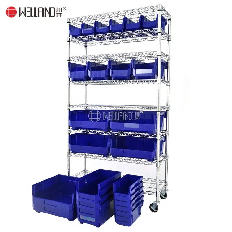 Heavy Duty Modern Metal Shelving Bin Storage Rack Plastic Box 8 Layer Adjustable Shelf on Wheels