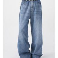 Pantalon en jean ample pour homme, coupe droite, bleu clair délavé, style baggy, sur mesure ODM, haute qualité.