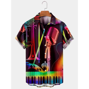 Camisa Casual de Manga Corta para Hombre, Estampado Digital con Notas Musicales de Guitarra, Cuello Clásico, Verano, Transpirable, Poliéster Popelina - Product Image 4