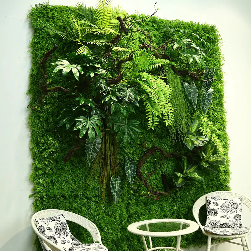 屋内装飾3D緑垂直壁植物システム偽の緑の葉プラスチック吊り葉人工植物壁パネル