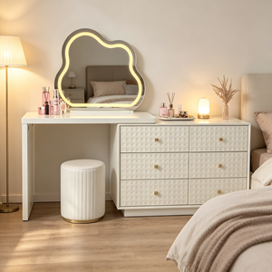 Coiffeuse moderne blanche avec miroir LED Cloud, meuble de rangement et tabouret pour chambre à coucher - Product Image 1