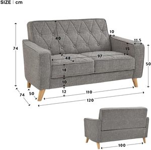Modern 2-Seater Blue Fabric Tufted <strong>Sofa</strong> for Living Room Hotel Villa-<strong>120cm</strong> Width - Product Image 5