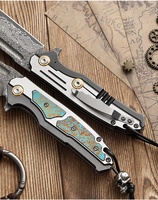 Couteau pliant en acier Damas CT4, manche en alliage de titane, 20,5 cm, haute dureté, ultra-affûté, couteau de poche pour le camping et les activités de plein air