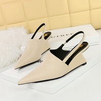 Sepatu Wanita Musim Panas, Hak Wedge Tipis, Bahan Kulit PU, Model Pointed-toe Wrap-toe Slingback, Cocok untuk Kencan