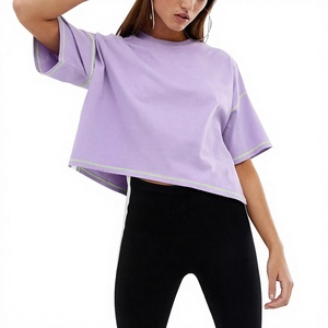 Women's Lavender Oversized Crop Top Crew <b>Neck</b> Short Sleeve Loose Fit Woven Canvas T-Shirt All Seasons Solid Color Eco-Friendly - Product Image 1