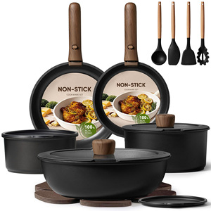 Non-Stick Cookware Set With Wooden Handles <b>Ceramic</b> Coating Oven Safe Kitchen Cooking Pots <b>Pans</b> Spatula Tools Set - Product Image 1