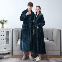 Peignoir de couple en flanelle épaisse doublé polaire, style européen et américain, pour homme, long et grande taille, corail, collection automne-hiver