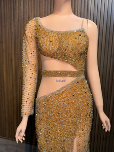 Luxury Silk <b>Dress</b> Floor-Length Asymmetrical Sleeves High-End Rhinestone Embellished Gown from Vietnam - Product Image 2