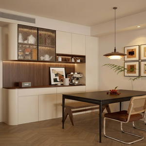 Consola de Almacenamiento Contemporánea para Comedor con Construcción de Tablero MDF, Centro para Bebidas, Puertas Altas, Áreas de Exhibición Iluminadas y Personalizadas - Product Image 1