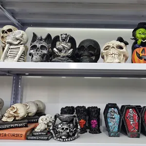 Hand painted Polyresin Halloween lighted Skeleton Skull Head, Witch Pumpkin Skull Candle holder figurine