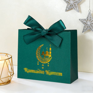 Caja de Regalo para Festival de Oriente Medio, Caja de Dulces de Cartón con Estampado Dorado y Verde, con Lazo Decorativo - Product Image 4