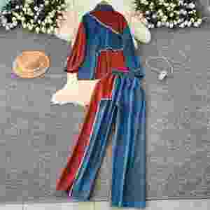 Ensemble en jean décontracté vintage 2 pièces pour femme avec pantalon de jogging tissé taille haute - Vente en gros - Product Image 4