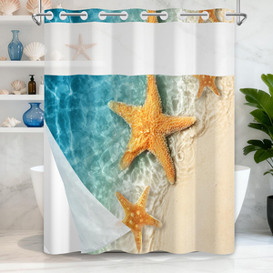 Rideau de douche décoratif en tissu double couche sans crochets, motif corail marin côtier, avec fenêtre supérieure en maille - Product Image 6