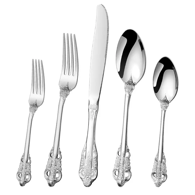 Cubiertos Vintage de lujo 18/10 cubiertos de acero inoxidable cuchara de mesa cuchillo y tenedor de cena juego de cubiertos reales