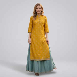 Ensemble Kurta jaune moutarde imprimé et palazzo vert sarcelle pour femme – Tenue ethnique élégante et festive - Product Image 1