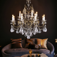 Lustre en cristal de verre européen baroque vintage, lampe suspendue de style bougie en métal bronze antique sur mesure pour l'éclairage des hôtels et des villas