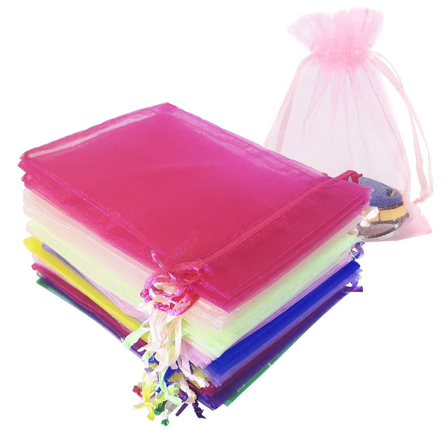 Bolsa de organza con cordón, varios colores, Organza transparente, Rosa, con pluma para fiesta, boda, Navidad y San Valentín