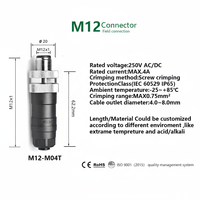 Connecteur DIN M12 mâle droit 3/4 broches M12-M04T, adaptateur étanche IP40, contacts en cuivre, 60V 5A, pour connexions industrielles de câbles d'alimentation