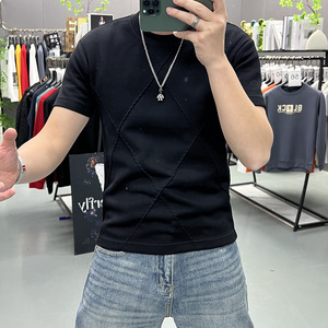Camiseta de Cuello Redondo de Color Sólido Estilo Retro, Camiseta Moderna con Diseñ<span class=keywords><strong>o</strong></span> de Diamantes Recortados, Camiseta de Punto Ajustada de Verano de Alta Calidad - Product Image 5