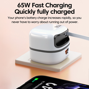 Caricabatterie Rapido 65W per Telefono Cellulare con Spine EU/UK e Doppi Cavi di Ricarica Integrati - Product Image 2