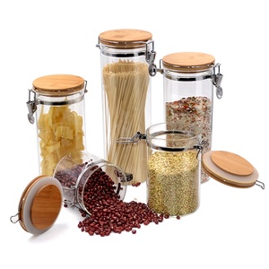 Locking Clamp Bamboo Lid Borosilicate Round Straight Sided Kitchen Food Container Glass Storage Jar for Spice Rice Spaghetti