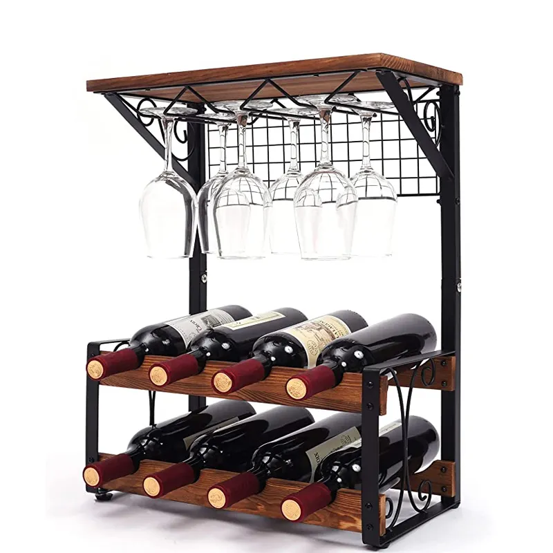 free standing wine rack 2 tier solid wood wine rack multipurpose hold 8 wine bottles and 6 glasses