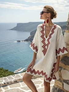 Abito Kaftano da Donna in <span class=keywords><strong>Misto</strong></span> <span class=keywords><strong>Lino</strong></span>, Stampa Geometrica Boho con Maniche a Pipistrello e Scollo a V, Copricostume da Spiaggia, Tunica Casual Ampia - Product Image 4