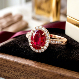 แหวนเงินแท้ 925 Maison Du Rubis สำหรับผู้หญิง ประดับทับทิมทรงรีสีโรสโกลด์ พร้อมเพชรรอบวงและเพชรด้านข้าง เครื่องประดับหมั้นสุดหรู - Product Image 1