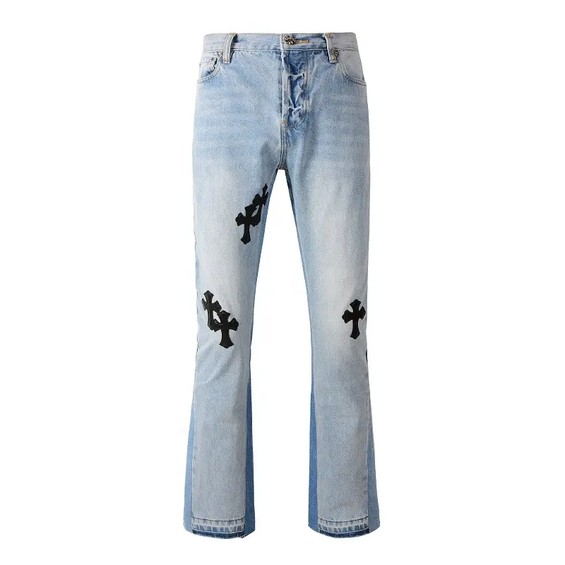 Custom Light Indigo Men's Spliced Flare Streetwear Leather Cross Patches Boot Cut Skinny Jeans Flared Hem Jeans