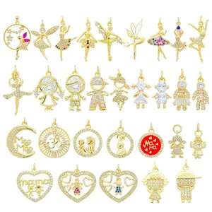 Cute CZ Kids Mama Ballet Charms 18K Gold Plated Cubic Zirconia Boys And Girls Pendants For Necklaces Jewelry Making Accessories