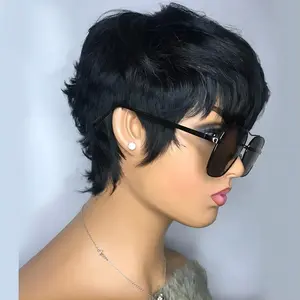 Brasilianisches kurzes Haar Pop-Perücke Pixie-Schnitt-Perücke mit Stollen gerader Stil keine Spitze vorne natürliche Farbe vollmaschinell gefertigte Perücke für Damen