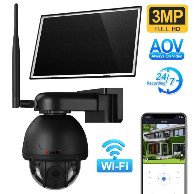 3MP AOV Solar Security Camera Wifi Invisible Infrared LEDs PTZ Camera Two Way Audio Support Human Detection