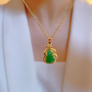 Collier personnalisé en acier inoxydable plaqué <span class=keywords><strong>or</strong></span> 18 carats, bijoux en jade, nouveau pendentif en forme de gourde en jade blanc pour femmes - Product Image 4