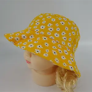 बच्चों सूरज टोपी आउटडोर टोपी परिष्करण कपास टवील कस्टम प्रिंट बाल्टी टोपी पीले रंग में