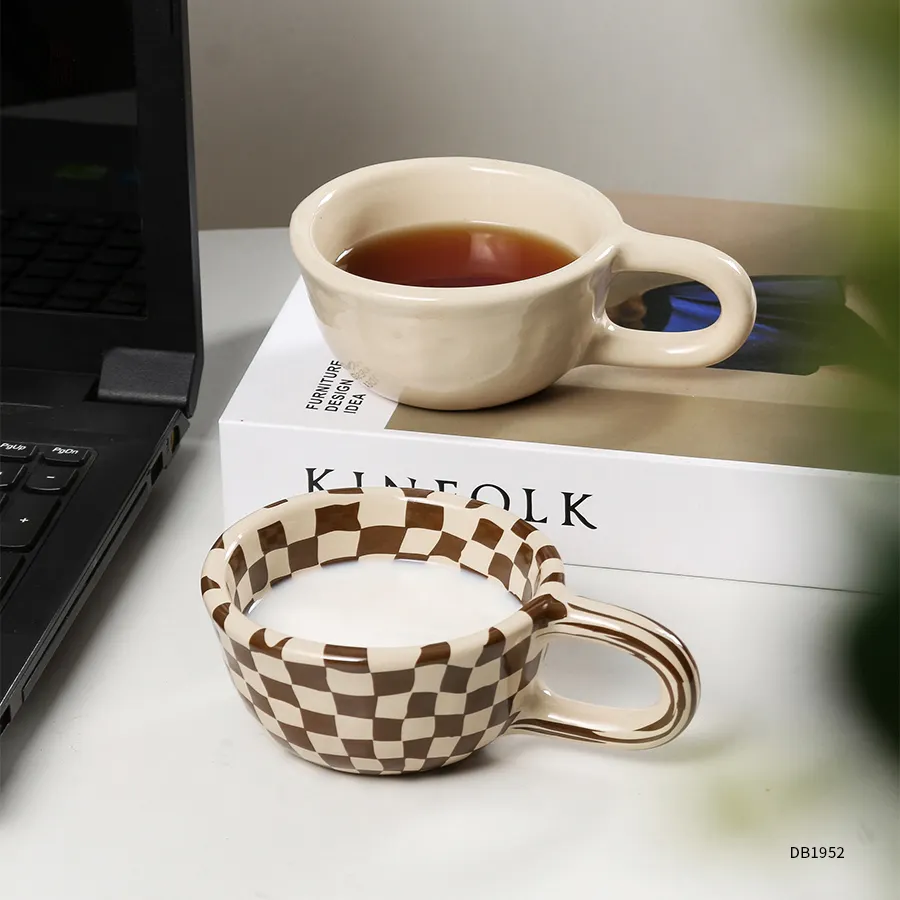nordic creative coffee mugs custom logo printed handmade rustic bulk ceramic checked mug