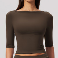Nouveautés Femme 2026 – Haut de Yoga Brossé à Manches Mi-Longues, Coupe Ajustée, Col Bateau, Taille Haute Élastique, Effet Sculptant, Idéal pour la Course et l'Entraînement