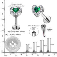 Boucles d'oreilles en titane F136 16G à dos plat, bijoux de corps pour piercing d'oreille, conch, tragus, hélix, labret en forme de cœur pavé de CZ