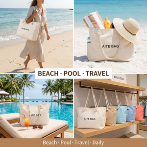 Bolsa de Playa Grande de Lona con Asa de Cinta y Cierre de Gancho y Bucle, Impresión Personalizada, Marca OEM - Bolsa de Compras para Viajes de Verano y Piscina - Product Image 5