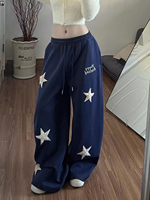 Pantalon décontracté pour femme, style américain, à taille élastique, brodé d'étoiles, effet duveteux : coupe ample, amincissant et pantalon de sport à jambes larges
