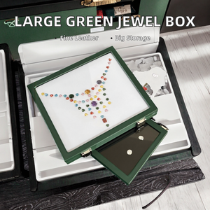 Boîte de présentation en cuir PU vert pour pierres précieuses, plateau de rangement double couche avec couvercle en verre pour diamants, pierres brutes et bijoux - Product Image 2