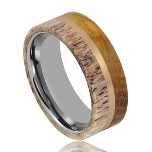Real Deer Antler and Whiskey Barrel <strong>Wood</strong> <strong>Inlaid</strong> Men's Tungsten Wedding Ring - Product Image 3