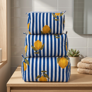 Floral Printed Blue White Lemon Eco-Friendly 3-Piece Cosmetic <b>Bag</b> Set Zipper Closure Portable Makeup Pouches Large Medium <b>Small</b> - Product Image 2