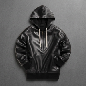 Veste à capuche en cuir PU noir pour homme, coupe décontractée, demi-zip, pour l'automne - Product Image 3