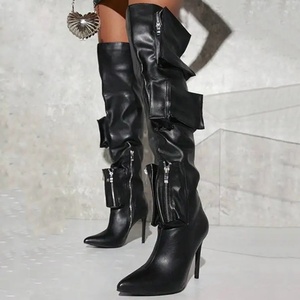 Bottes longues en jean camouflage à talons aiguilles pour femmes, pointues, à coupe large, taille 44 - Product Image 1