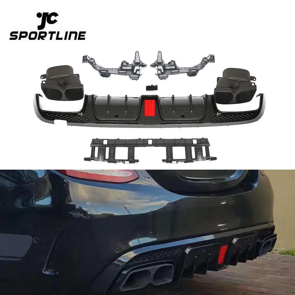 Jcsportline Karbon Pola W205 C250 Bumper Belakang Diffuser Bibir Untuk BENZ W205 C250 C300 Sedan Sport C43 C63 dengan Exhaust tips