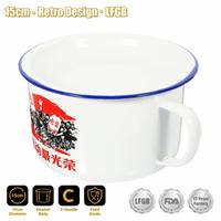 Tasse en émail Senny 15 cm avec couvercle, grande tasse rétro style chinois pour soupe de nouilles, bord bleu, poignée en D, tasse à thé classique, vente en gros usine