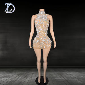 ZD女式优雅珍珠不对称高领紧身短裙性感3D图案半透明舞会服装生日派对 - Product Image 1