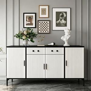 <span class=keywords><strong>Buffet</strong></span> de rangement moderne cannelé <span class=keywords><strong>blanc</strong></span> et noir, autoportant, pour salle à manger et salon - Product Image 1